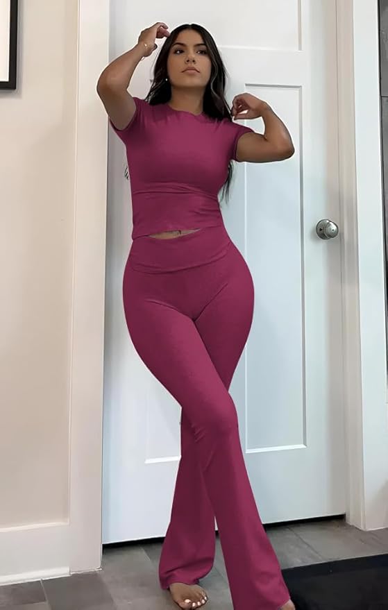 YETOWA Women's 2 Piece Lounge Outfits Slim Short Sleeve Tops Low Rise Flare Leggings Sets Yoga Sweatsuit