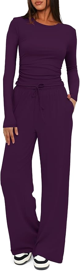 Darong Women's 2 Piece Outfits Lounge Sets 2026 Long Sleeve Tops Wide Leg Pants Casual Matching Set