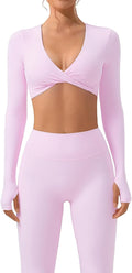 SUUKSESS Women 2 Piece Workout Sets Long Sleeve Twist Deep V Crop Padded Tops Yoga Leggings with Side Pockets