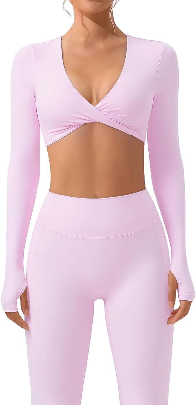 SUUKSESS Women 2 Piece Workout Sets Long Sleeve Twist Deep V Crop Padded Tops Yoga Leggings with Side Pockets