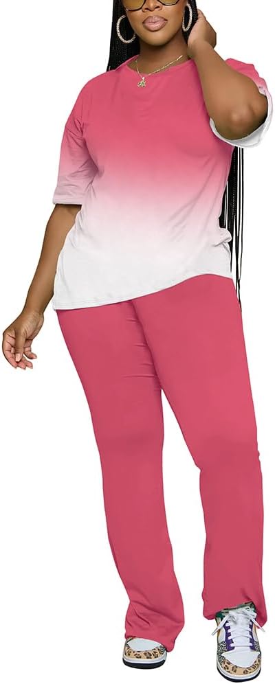 PINSV Women 2 Piece Outfits Short Sleeve Top and Flare Pants Lounge Sets Tracksuit