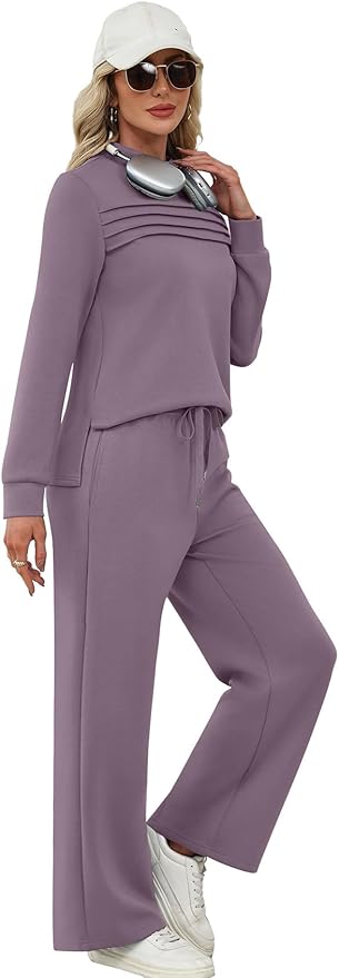 WIHOLL Two Piece Sets for Women Spring Travel Vacation Outfits 2026 Long Sleeve Lounge Sets Side Slit Wide Leg Pants S-3XL