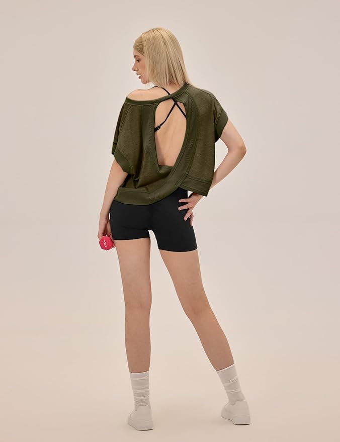 UNIANKIYA Open Back Workout Tops for Women Loose Fit Athletic Crop Tee Short Sleeve Gym Running Yoga Shirt