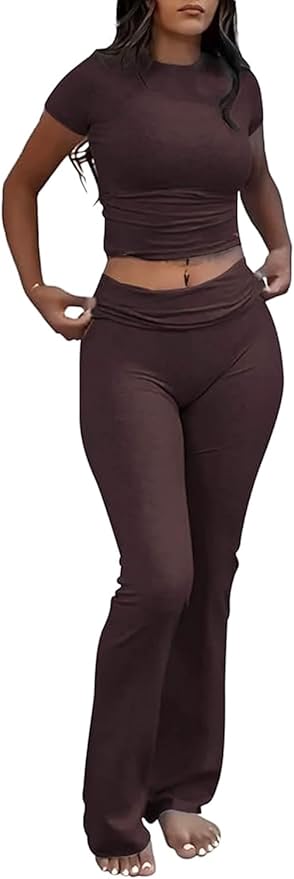 YETOWA Women's 2 Piece Lounge Outfits Slim Short Sleeve Tops Low Rise Flare Leggings Sets Yoga Sweatsuit