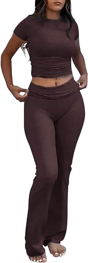 YETOWA Women's 2 Piece Lounge Outfits Slim Short Sleeve Tops Low Rise Flare Leggings Sets Yoga Sweatsuit