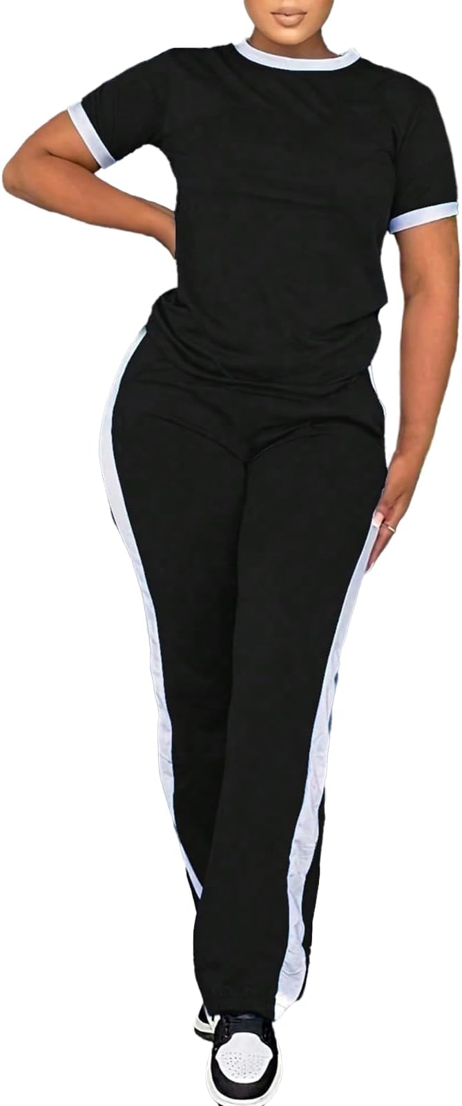 PINSV Women's 2 Piece Outfits Short Sleeve Tops Sweatpants Colorblock Bodycon Lounge Sets Tracksuit