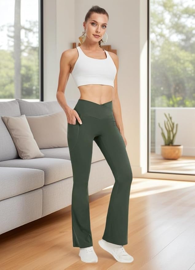 DLOODA Women's Yoga Pants with Pockets No Front Seam Crossover High Waisted Flare Leggings Tummy Control Bootcut Pants