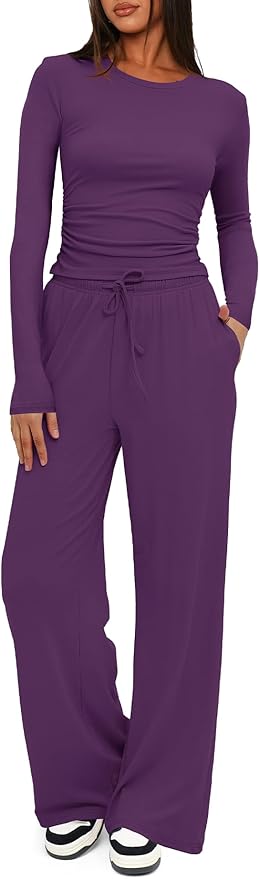 Darong Women's 2 Piece Outfits Lounge Sets 2026 Long Sleeve Tops Wide Leg Pants Casual Matching Set