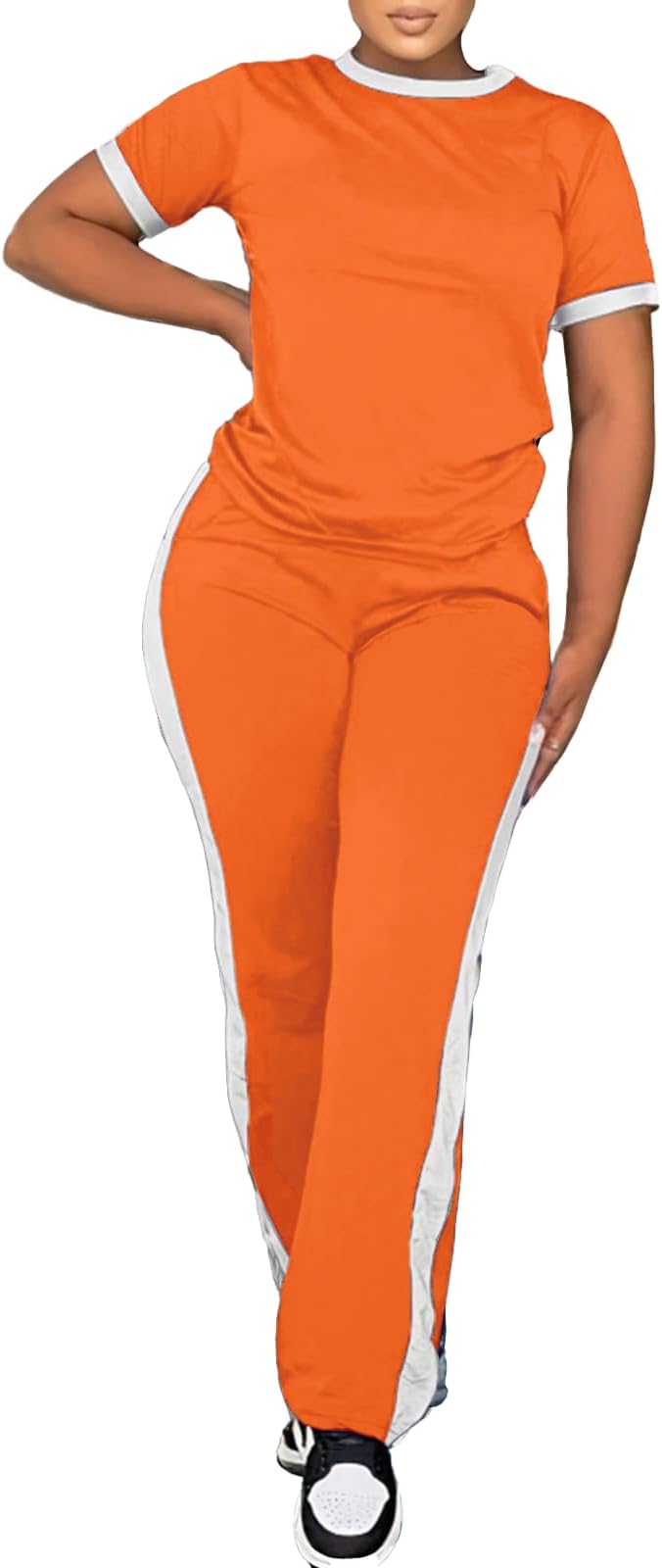 PINSV Women's 2 Piece Outfits Short Sleeve Tops Sweatpants Colorblock Bodycon Lounge Sets Tracksuit