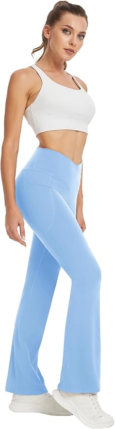 DLOODA Women's Yoga Pants with Pockets No Front Seam Crossover High Waisted Flare Leggings Tummy Control Bootcut Pants
