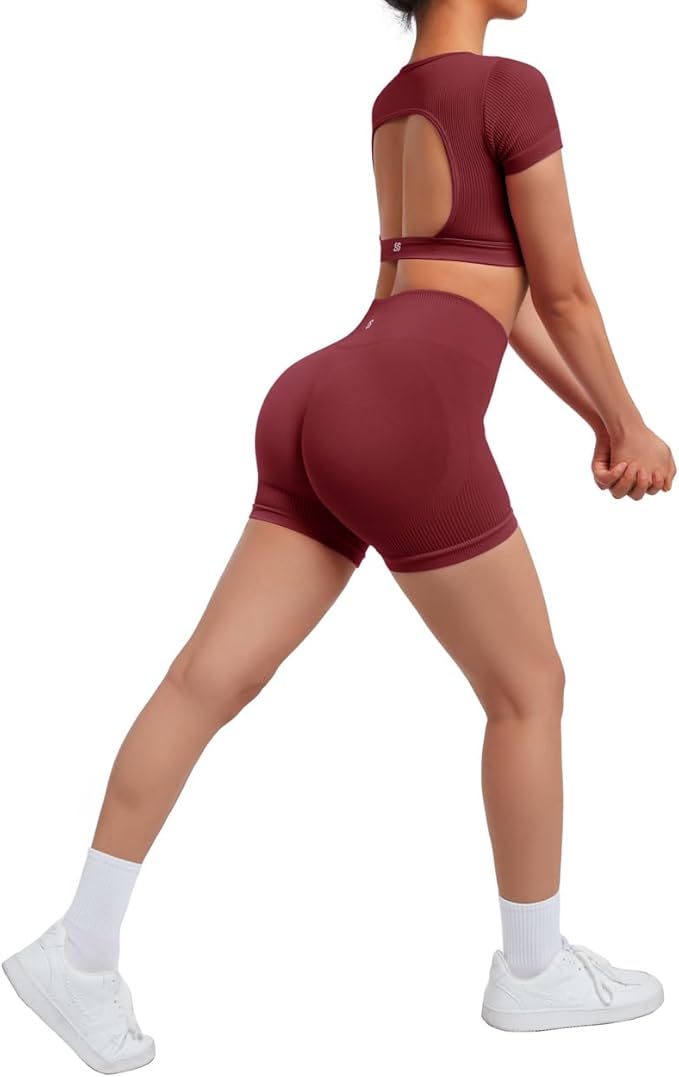 SUUKSESS Womens Workout Sets Open Back Gym Sets Woman Yoga Pilates Crop Tank High Waisted Bike Shorts