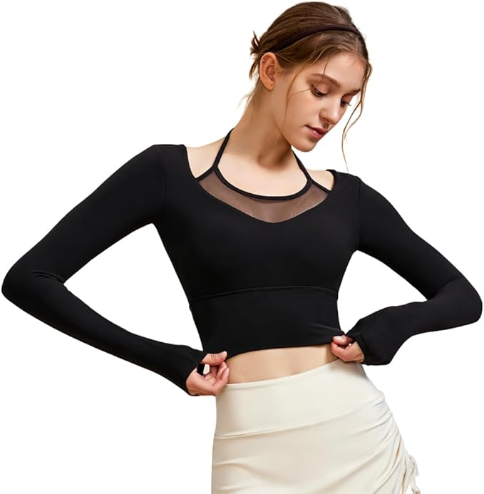 Harssidanzar Women's Yoga Workout Tops 2 in 1 Sports Bra for Gym Athletic Casual Long Sleeve CL312US