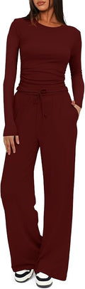 Darong Women's 2 Piece Outfits Lounge Sets 2026 Long Sleeve Tops Wide Leg Pants Casual Matching Set