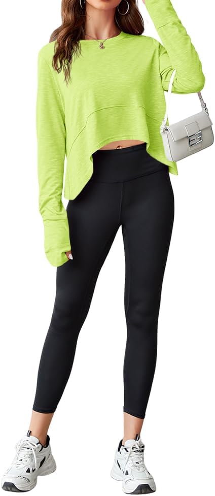 Aurgelmir Womens Long Sleeve Cropped Tops Loose Workout Athletic T-Shirts Flowy Sweatshirt for Yoga Tiered Hem Gym Tees