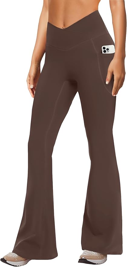 DLOODA Women's Yoga Pants with Pockets No Front Seam Crossover High Waisted Flare Leggings Tummy Control Bootcut Pants