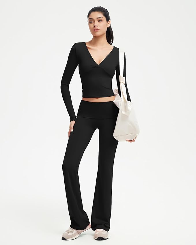 SUUKSESS Women 2 pieces Lounge Sets Long Sleeve V Neck Tops Fold Over Flare Leggings