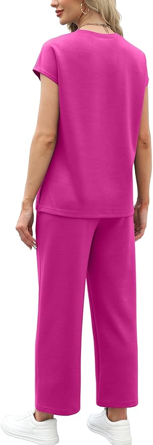 WIHOLL Two Piece Sets for Women Summer Spring Travel Vacation Outfits Cap Sleeve Lounge Matching Sets Wide Leg Pants S-3XL