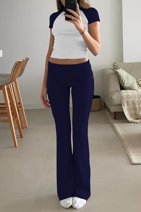 YETOWA Women's 2 Piece Lounge Outfits Slim Short Sleeve Tops Low Rise Flare Leggings Sets Yoga Sweatsuit