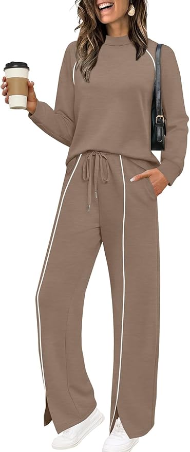 WIHOLL Lounge Sets for Women 2 Piece Fall Outfits 2025 Wide Leg Pant Matching Sets Womens Clothing