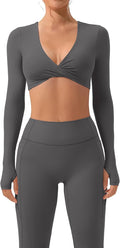 SUUKSESS Women 2 Piece Workout Sets Long Sleeve Twist Deep V Crop Padded Tops Yoga Leggings with Side Pockets
