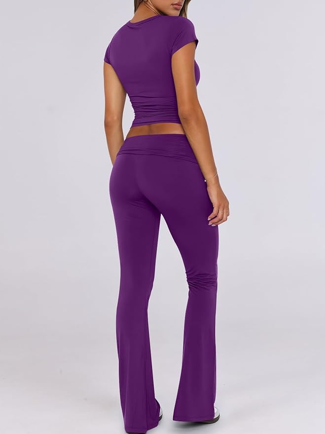ANRABESS Lounge Sets for Women 2 Piece Foldover Yoga Flare Leggings Pants Crop Tops Casual Y2K Outfits Matching Tracksuit Set