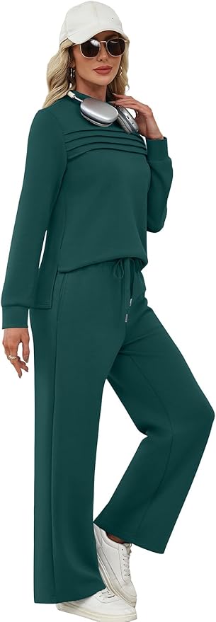 WIHOLL Two Piece Sets for Women Spring Travel Vacation Outfits 2026 Long Sleeve Lounge Sets Side Slit Wide Leg Pants S-3XL