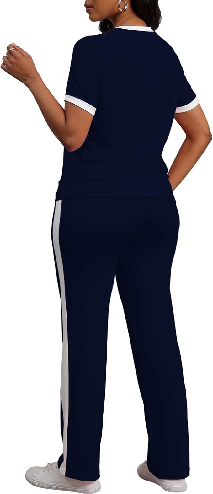 PINSV Women's 2 Piece Outfits Short Sleeve Tops Sweatpants Colorblock Bodycon Lounge Sets Tracksuit
