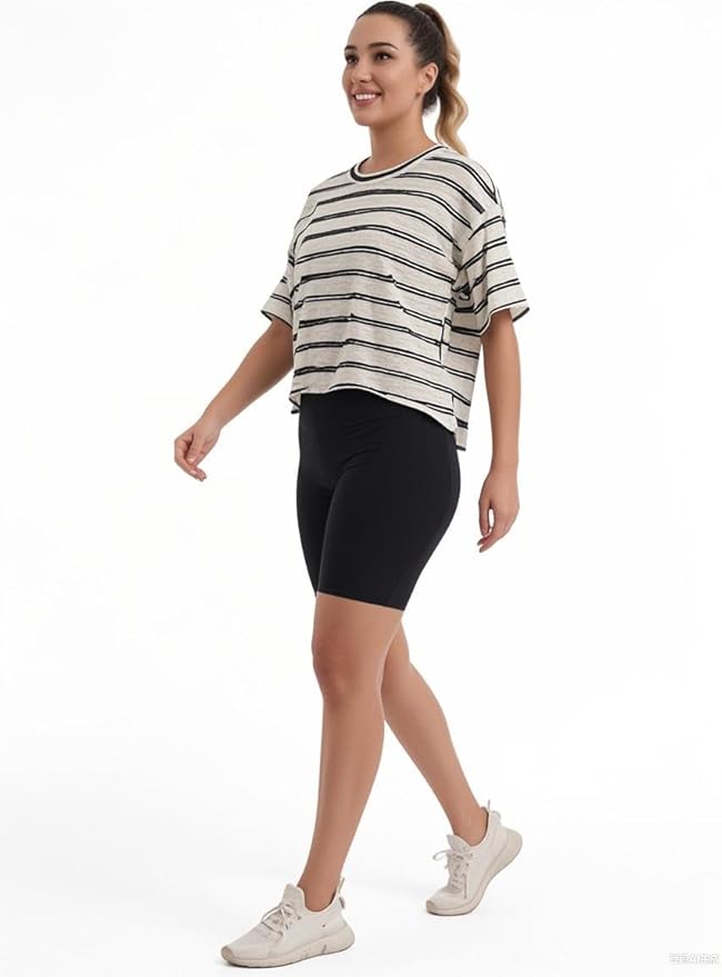 Women's Oversize Workout Crop Tops Casual Short Sleeve Drop Shoulder Boxy T-Shirts Roll Hem Basic Loose Yoga Running Tees