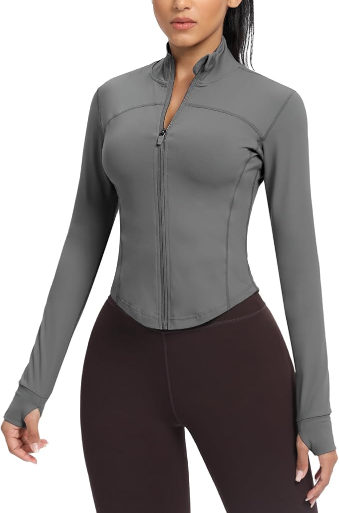 AVGO Women's Cropped Running Workout Jackets Zip Slim Fit Athletic Tops with Thumb Holes