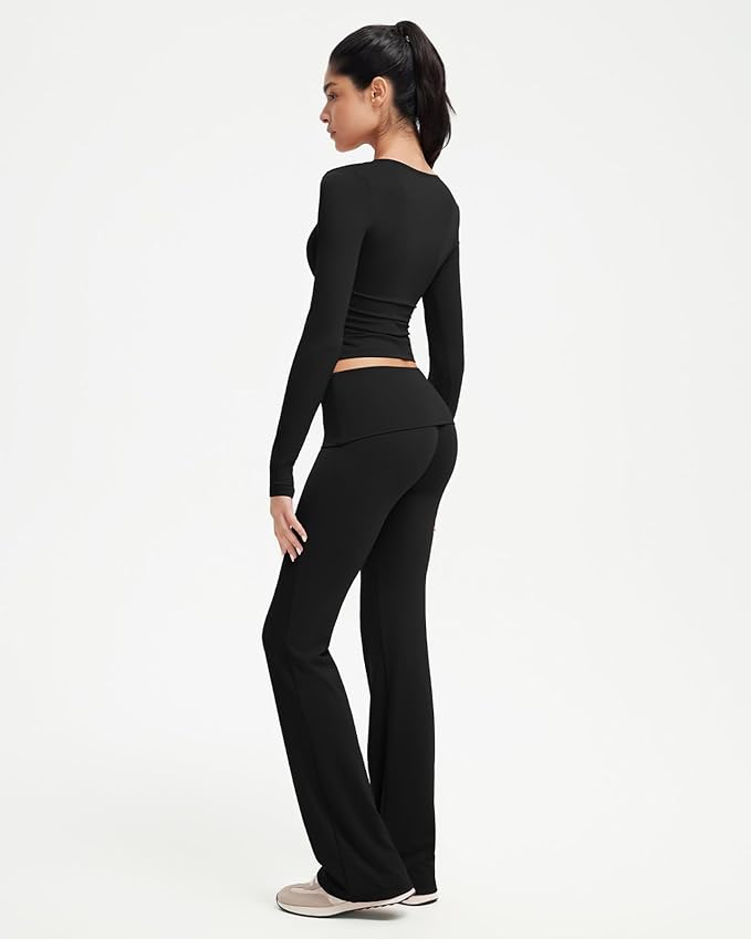 SUUKSESS Women 2 pieces Lounge Sets Long Sleeve V Neck Tops Fold Over Flare Leggings