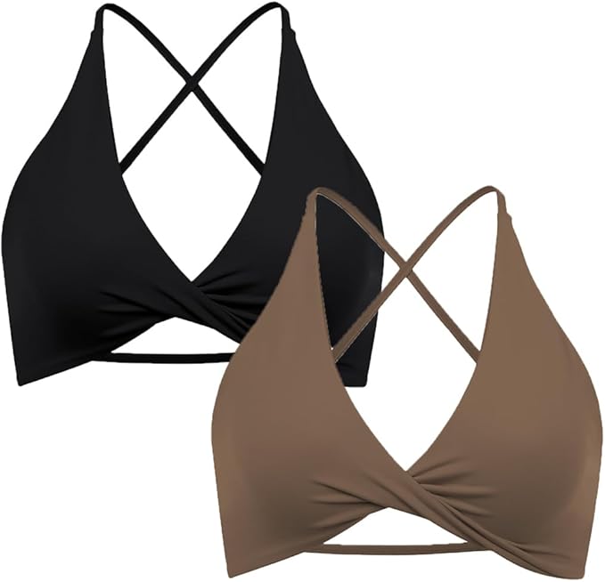SUUKSESS Women 2 Piece Open Back Strappy Sports Bra Pack Twist V Neck Workout Crops