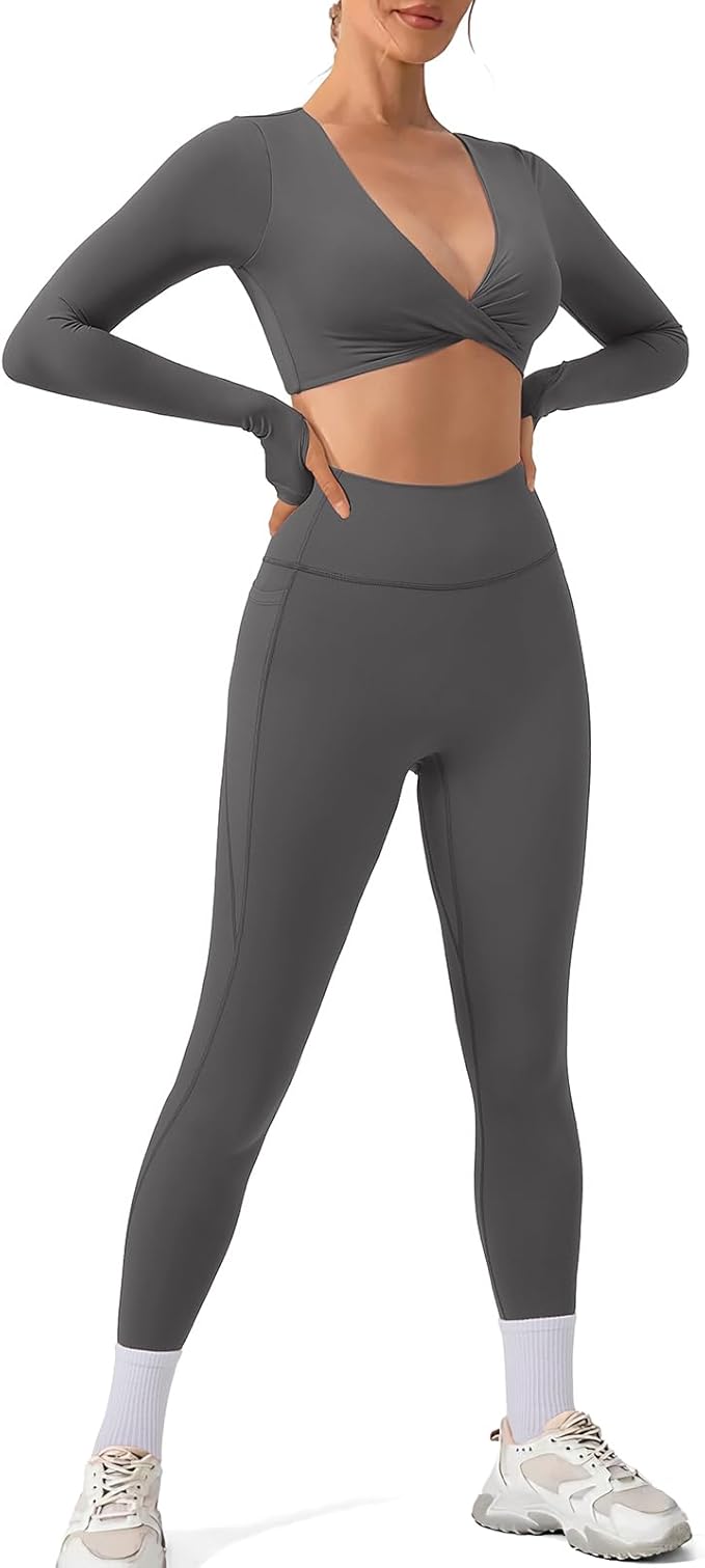 SUUKSESS Women 2 Piece Workout Sets Long Sleeve Twist Deep V Crop Padded Tops Yoga Leggings with Side Pockets