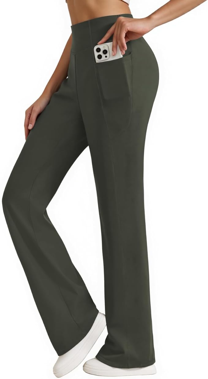 Womens High Waist Yoga Pants Stretchy Casual Trousers Straight Leg Pull On Side Pockets