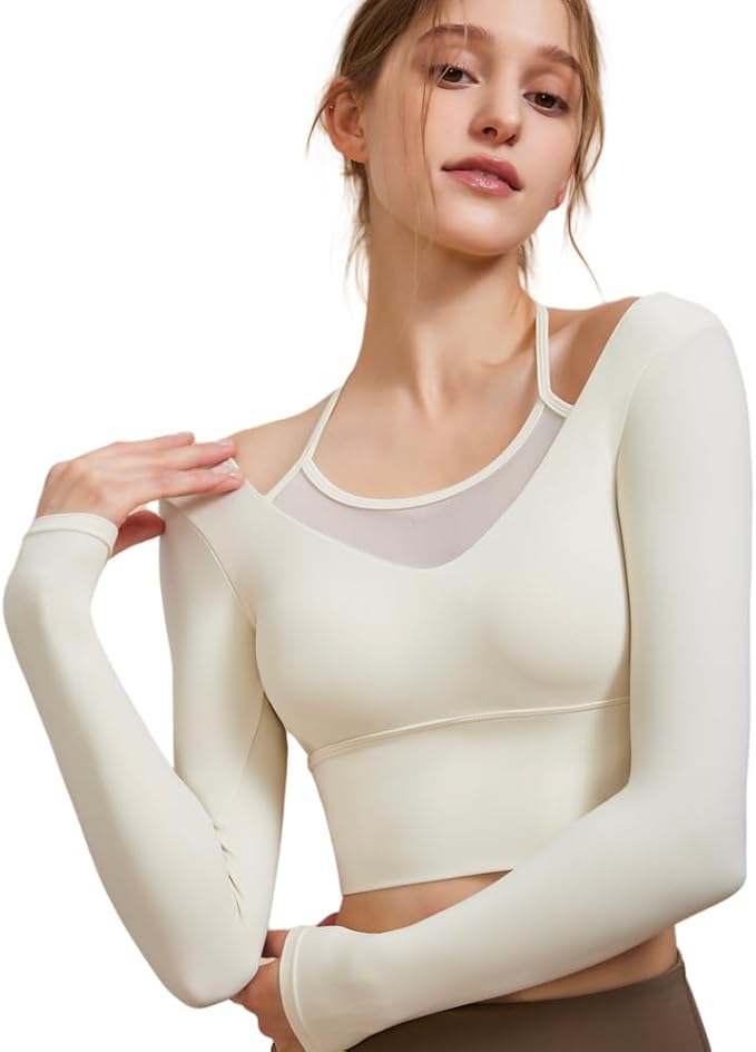Harssidanzar Women's Yoga Workout Tops 2 in 1 Sports Bra for Gym Athletic Casual Long Sleeve CL312US