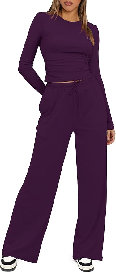 Darong Women's 2 Piece Outfits Lounge Sets 2026 Long Sleeve Tops Wide Leg Pants Casual Matching Set