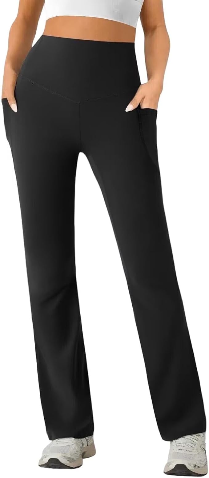 Womens High Waist Yoga Pants Stretchy Casual Trousers Straight Leg Pull On Side Pockets