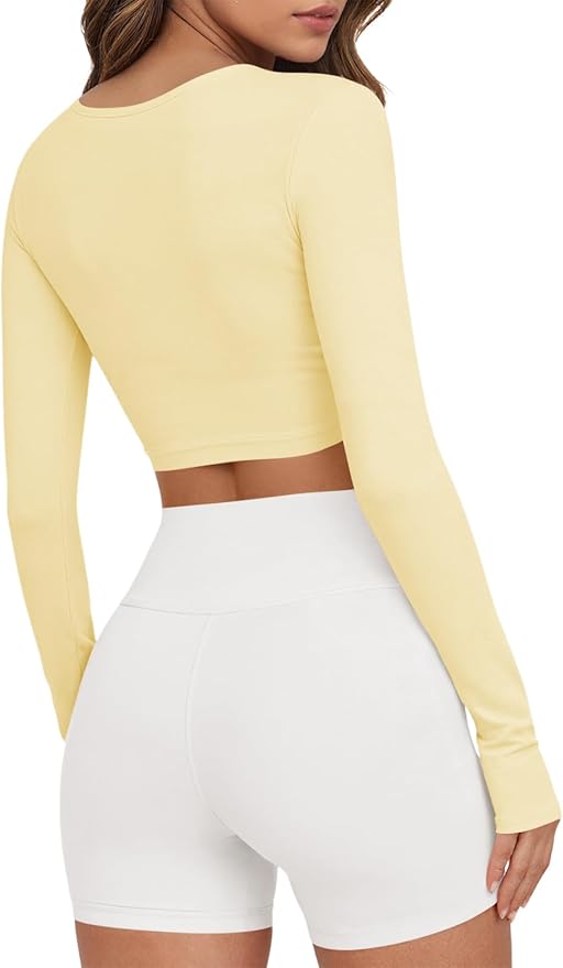 Yousify Womens Long Sleeve Workout Crop Tops Twist Deep V Neck Y2k Yoga Pilates Ballet T Shirt Top with Thumb Holes