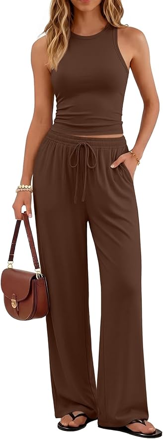 Trendy Queen Women's 2 Piece Summer Lounge Sets Butter Soft Tank Top & High Waisted Wide Leg Pants with Pockets