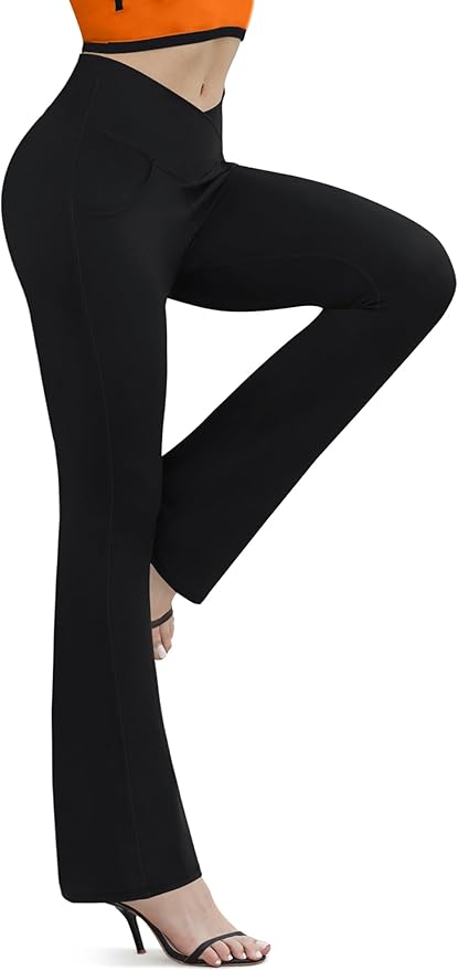 Flare Leggings for Women Yoga Pants with Pockets High Waisted Crossover Flare Leggings Bootcut Casual Yoga Pants