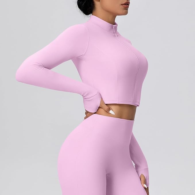 Yknktstc Womens Full Zip Athletic Jacket with Thumbhole Long Sleeve Crop Top Running Workout Yoga Sportswear Shirt