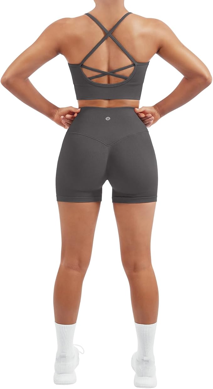 SUUKSESS Women Seamless 2 Piece Workout Sets Criss Cross Sports Bra High Waist Booty Shorts