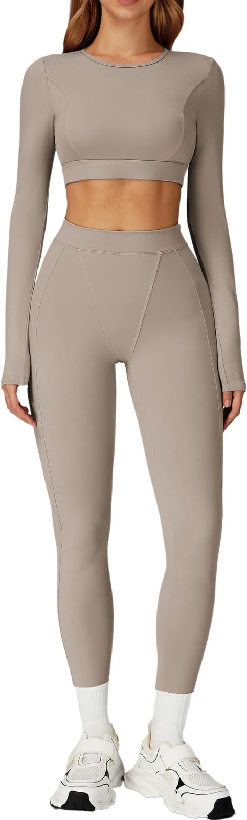 Women’s 2 Piece Workout Set Long Sleeve Crop Top & High Waist Leggings | Stretch Activewear for Gym & Yoga