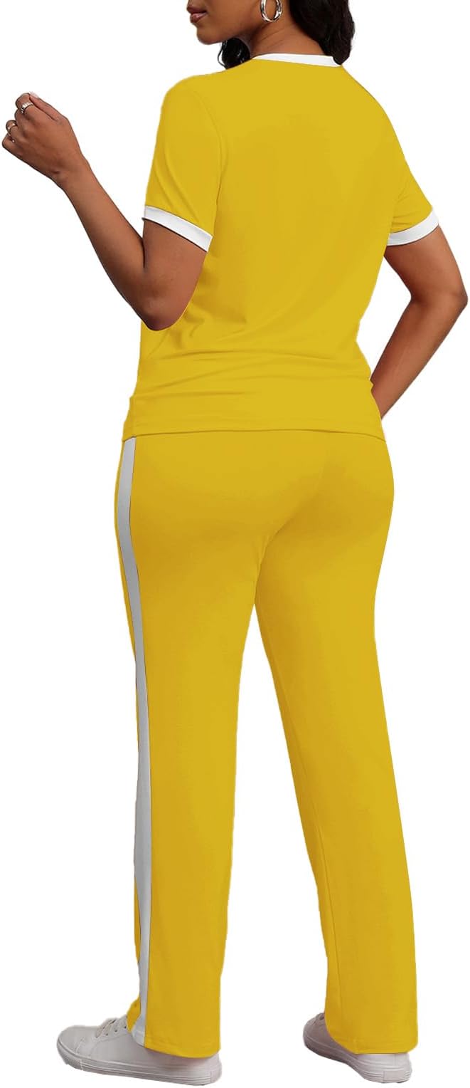 PINSV Women's 2 Piece Outfits Short Sleeve Tops Sweatpants Colorblock Bodycon Lounge Sets Tracksuit