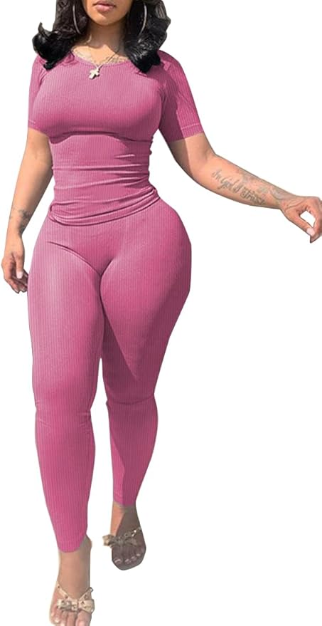 PINSV 2 Piece Sets for Women Summer Casual Jogger Workout Outfits Fitted Crew Neck T-shirt High Waist Legging Sets
