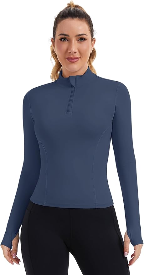 ZHENWEI Womens Workout Tops Long Sleeve Quarter Zip Pullover Quick Dry Golf Shirt Athletic Slim Fit Crop Yoga Gym Tops