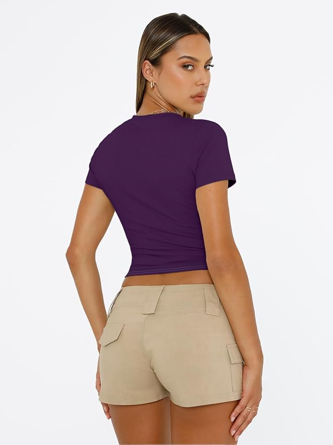 Trendy Queen Womens Short Sleeve T Shirts - Buttery Soft Summer Crop Tops Slim Fit Y2k Basic Tees for Workout