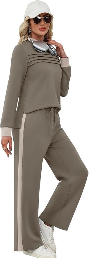 WIHOLL Two Piece Sets for Women Spring Travel Vacation Outfits 2026 Long Sleeve Lounge Sets Side Slit Wide Leg Pants S-3XL