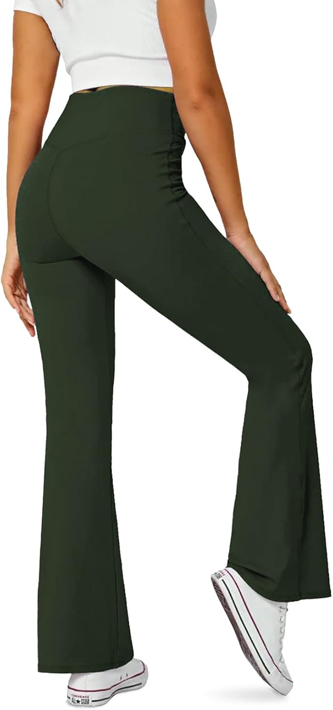 DLOODA Women's Flare Leggings with Pockets Crossover High Waisted Bootcut Yoga Pants Tummy Control Bell Bottom Leggings