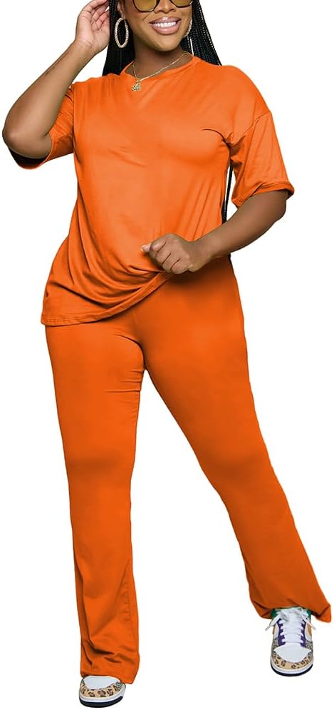 PINSV Women 2 Piece Outfits Short Sleeve Top and Flare Pants Lounge Sets Tracksuit
