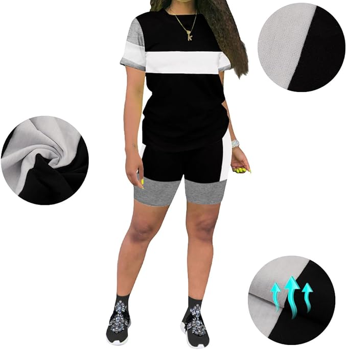 KINIKO Women's 2 Piece Casual Fashion Sports Solid Color Suit short Sleeve top and Pants Set Sweatshirt